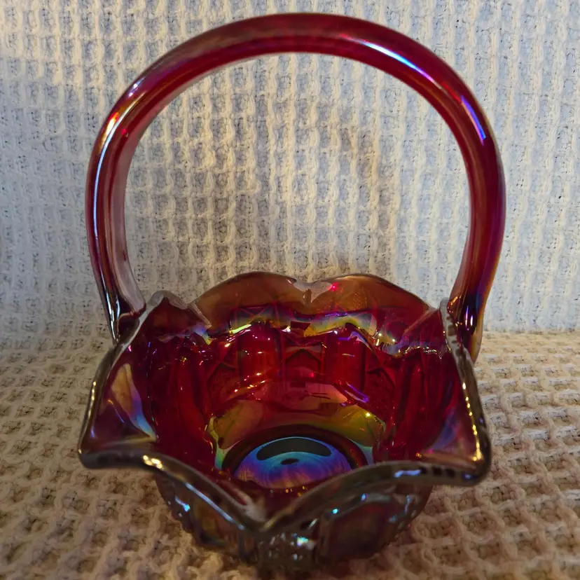 L.E. Smith Ruby Red Iridescent  Quintec Carnival Glass Basket