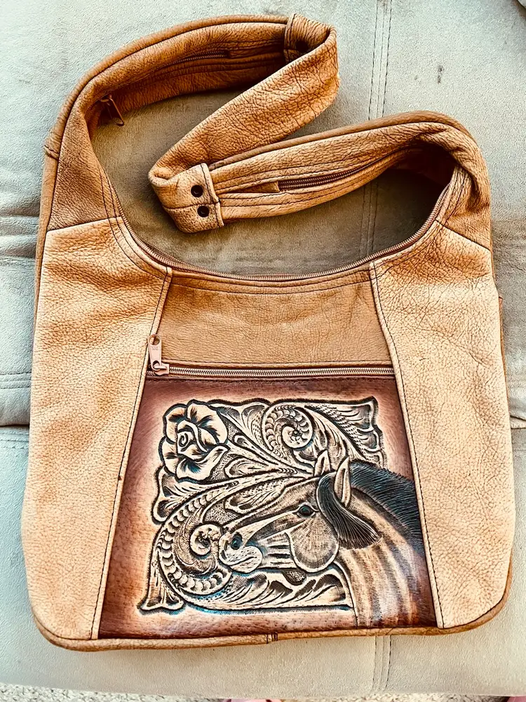 Vintage Handmade Genuine Leather Rose & Horse Carved Handbag Made In Mexico