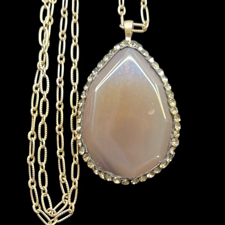 Vintage Agate Stone & Rhinestone 36" Silver Tone Necklace #F-4