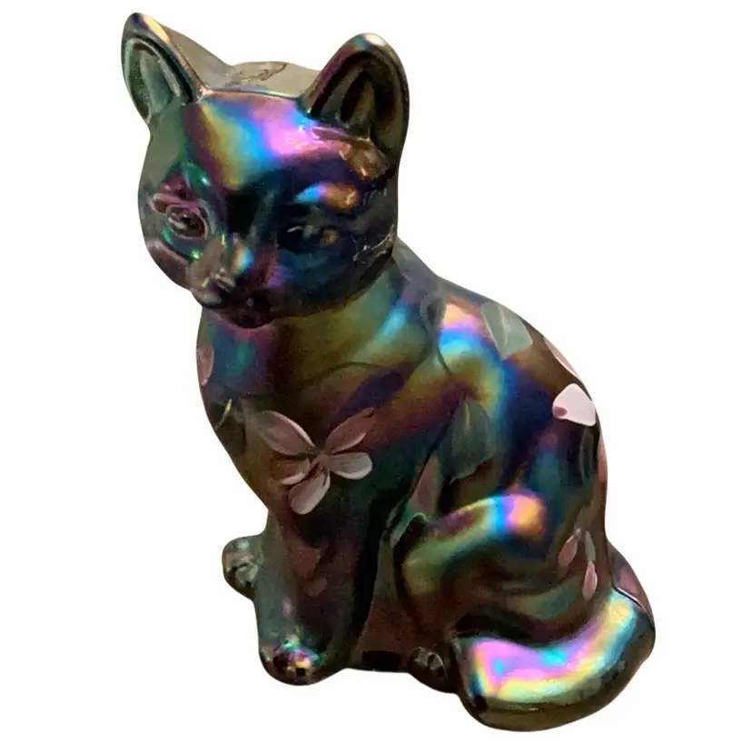 Fenton Iridescent Black Carnival Glass Sitting Cat HP By Diane Barbour 3 1/2” X 3”