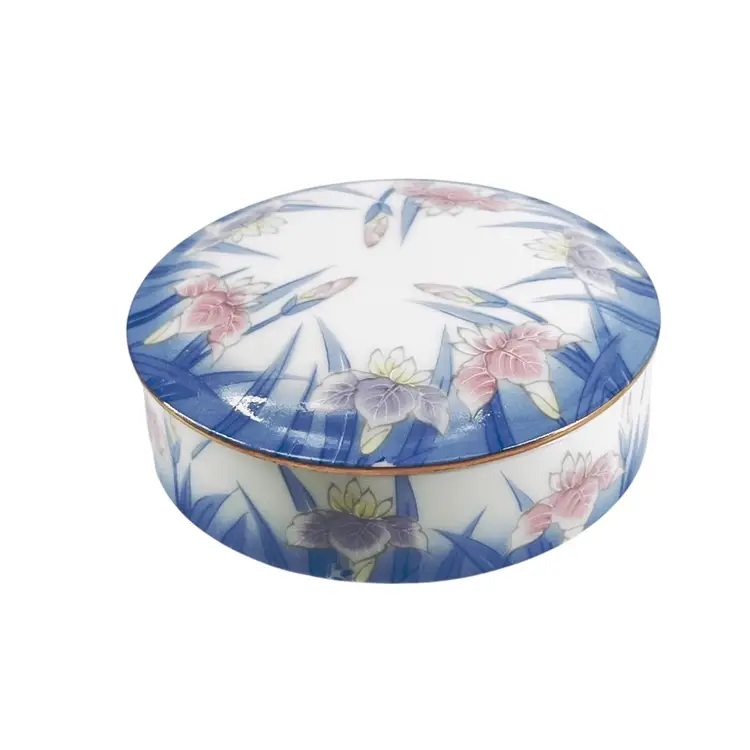 3” Trinket Box Porcelain By Otigiri - JapanHand Painted Pink & Purple Iris Blue w/ Gold Trim