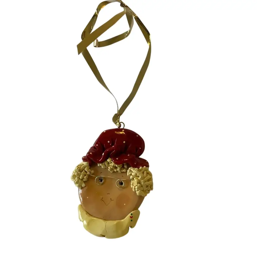 3” Hand Made Clay Christmas Ornament With Spaghetti Hair And A Red Bonnet