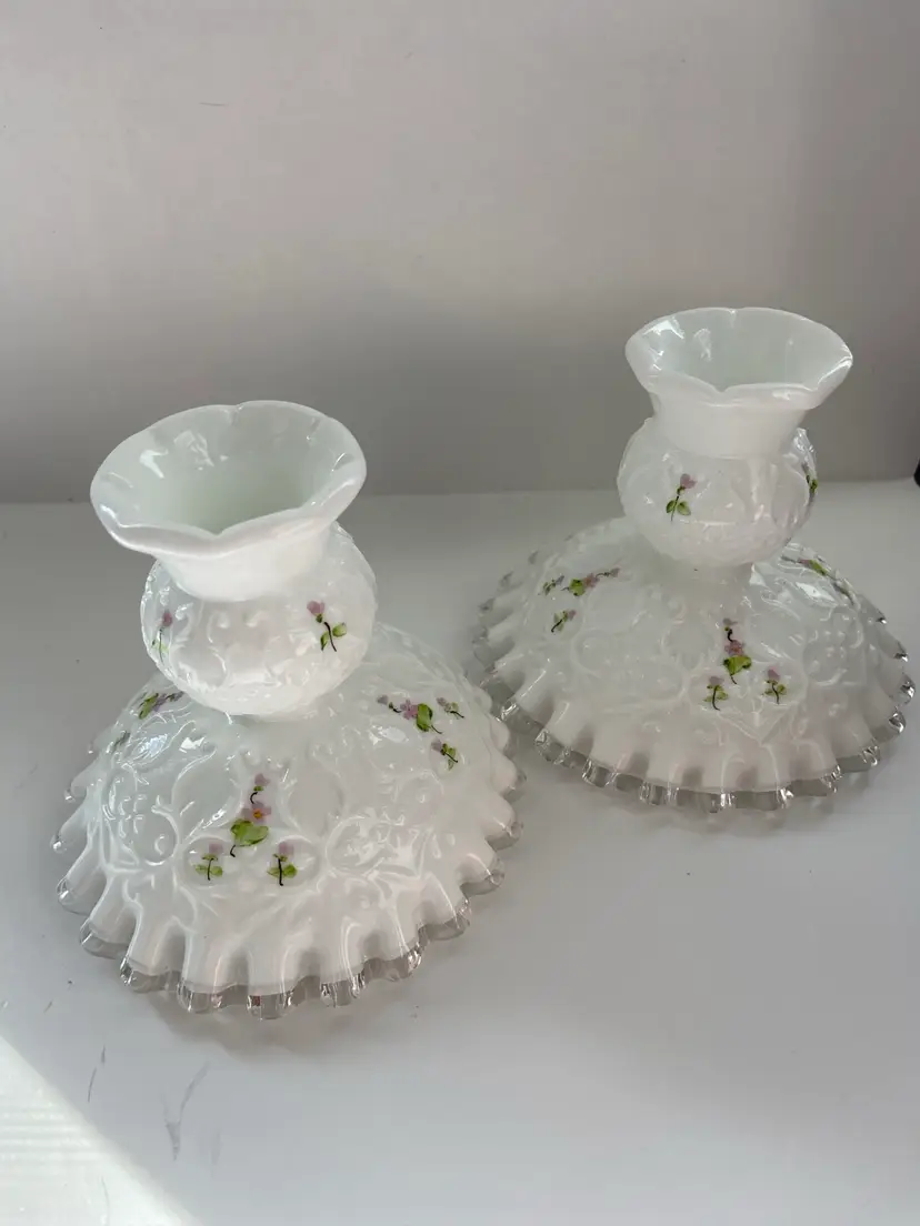 Fenton Milk Glass Silvercrest Candle Sticks In Spanish Lace~Hand Painted Set Of 2 ~ 4β X 4β