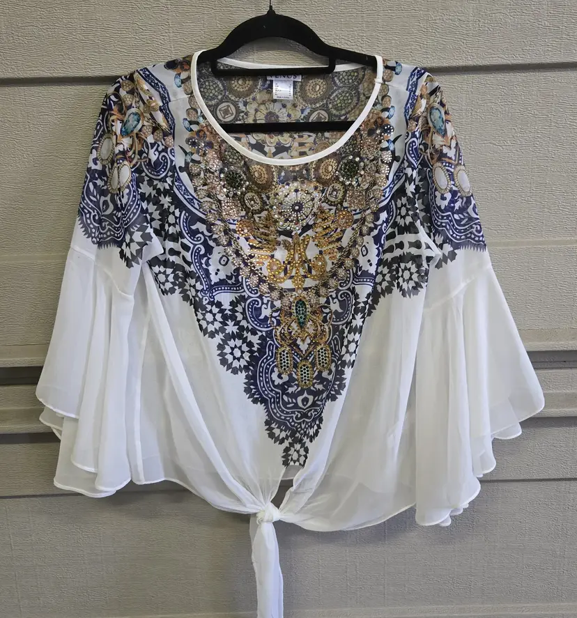Venus Women's Jewel Paisley Sheer Flutter Sleeve Tie Front Top Size 6