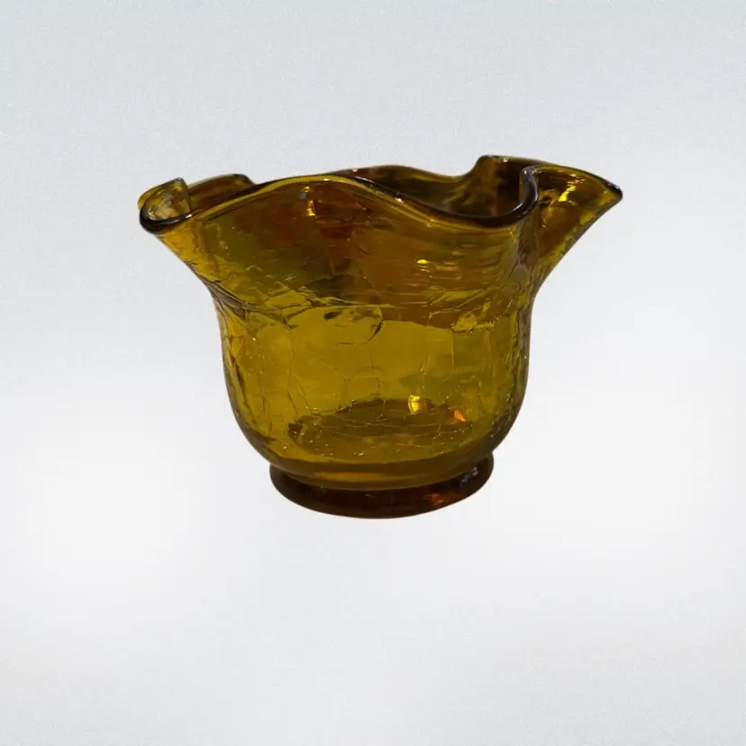 Vintage Hand-Blown Amber Crackle Glass Vase featuring a ruffled, fluted rim.