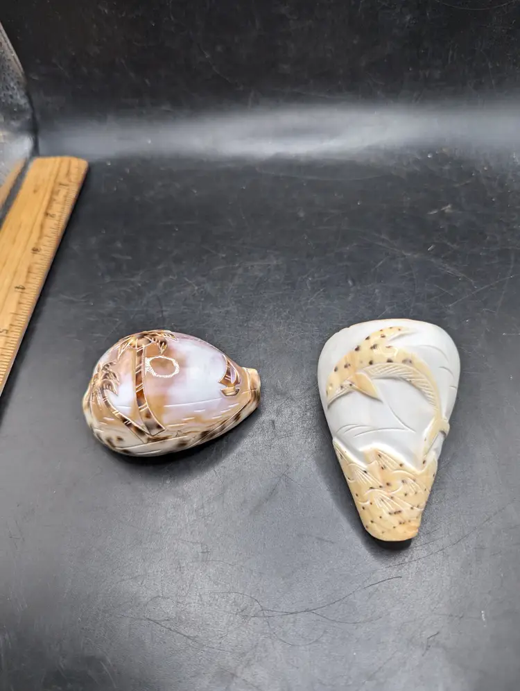 Vintage Lot of 2 Hand Carved Shells - Dolphin and Palm Trees and Sailboat
