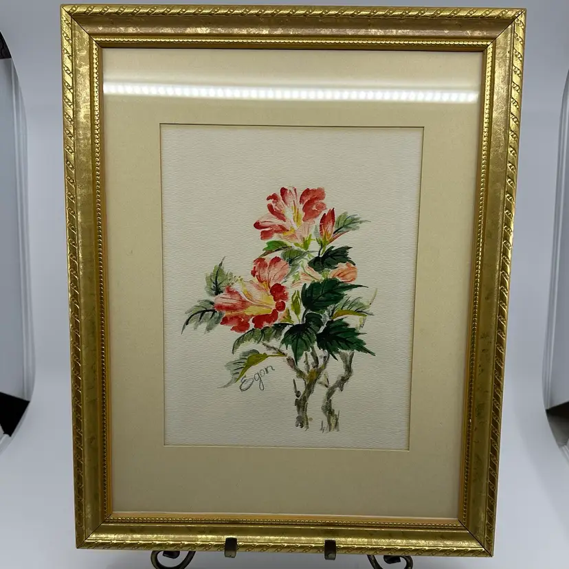 Framed Original Watercolor Painting Red Hibiscus Flowers Signed Egan