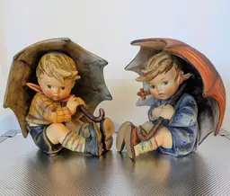 1959 Goebel Hummel Porcelain Boy and Girl With Umbrella Figurines Set Flawless