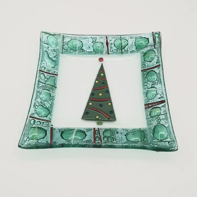 Fused Glass Christmas Tree Green Art Glass Square Plate Trinket Dish