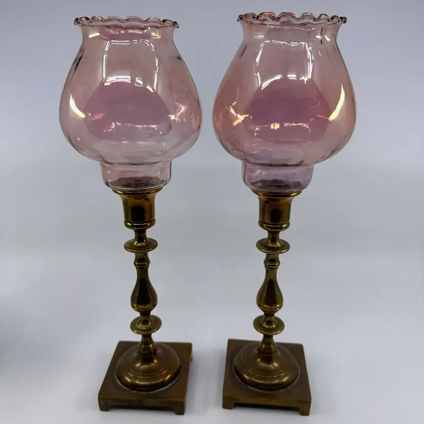 Brass Candleholders With Pink Iridescent Glass Votives