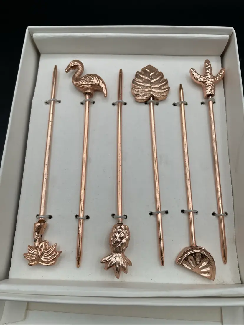 Vintage Set Of 6 Tropical Metal Toothpicks