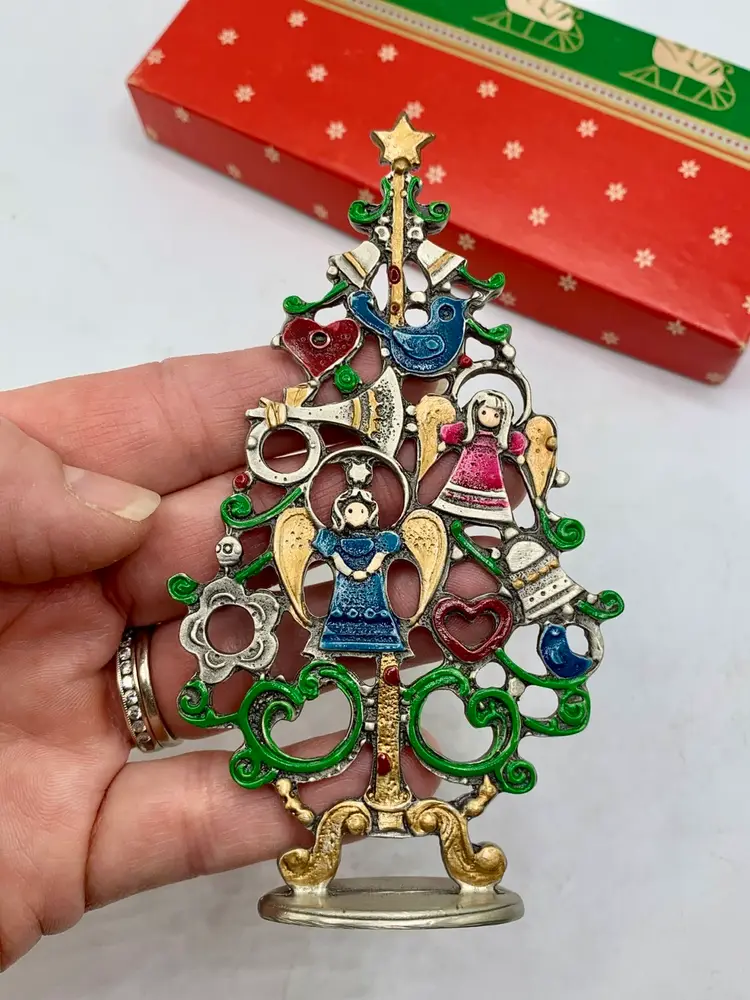 Kuhn Zinn Pewter Christmas Tree Enamel Hand Painted Figurine Germany 5" Vintage Holiday Decor
