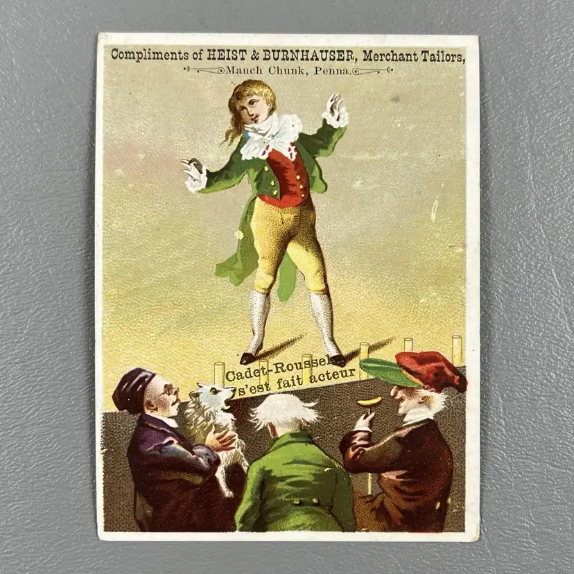 Victorian Trade Card Old Men Watching Singer White Dog 4x3" Manch Chunk PA