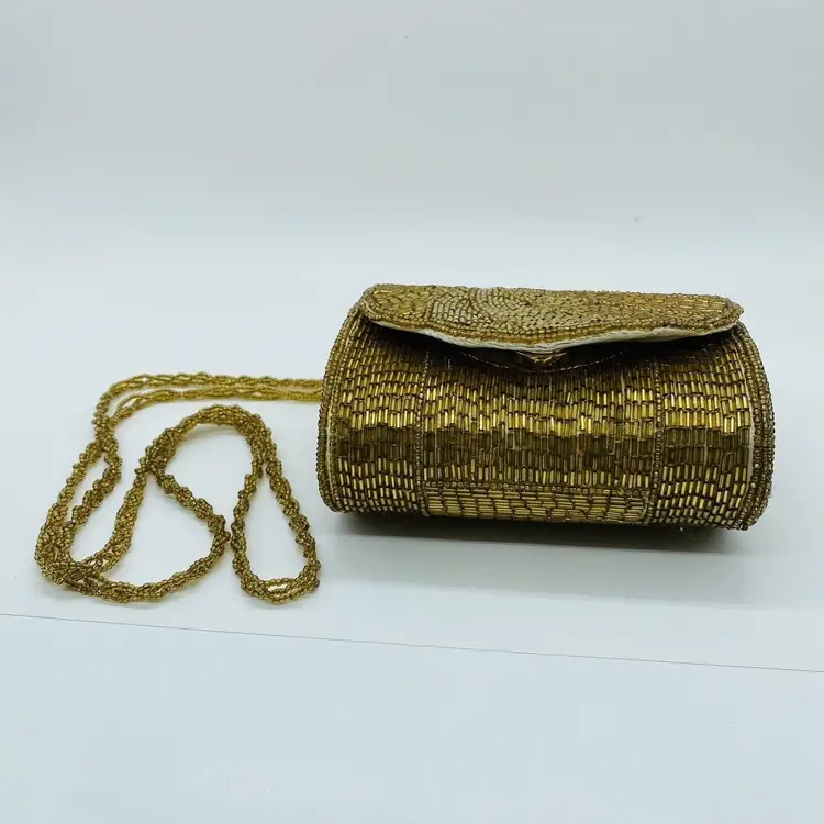 #1428 Farnell Paris Gold Beaded Evening Bag Vintage Party Long  Beaded Shoulder Strap