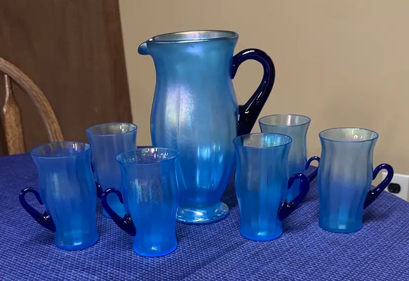 Fenton Celeste Blue Stretch Glass Pitcher and six glasses Cobalt Handles HTF