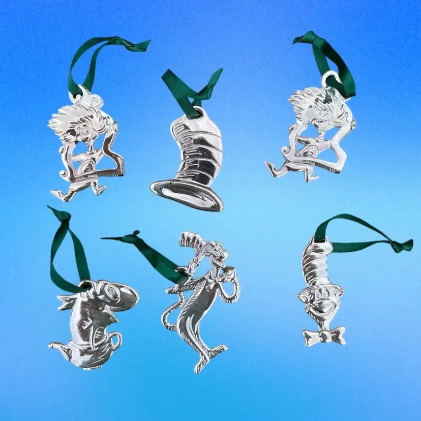 Dr. Seuss Cat in the Hat Ornaments Silver Plated Fish Thing 2 Christmas Set of 6