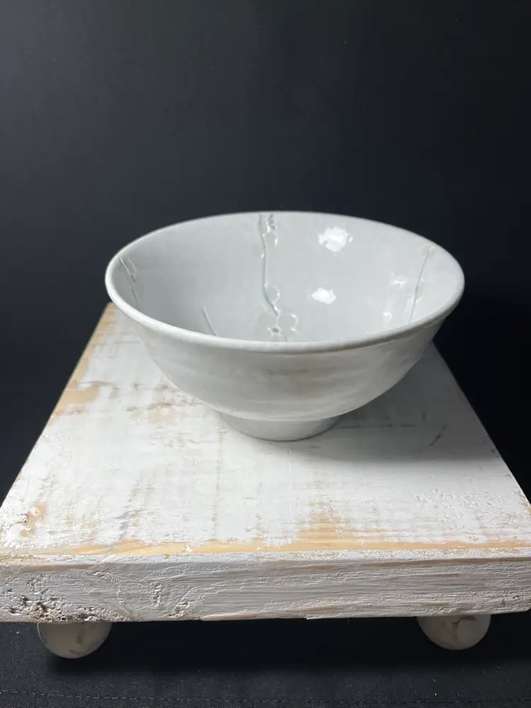White Ceramic Bowl With White Cherry Blossoms And Blue Stems