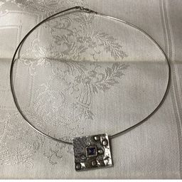 Sterling Silver Italian Omega Chain With A Sterling Silver Pendant Amethyst Glass Center Signed 16”