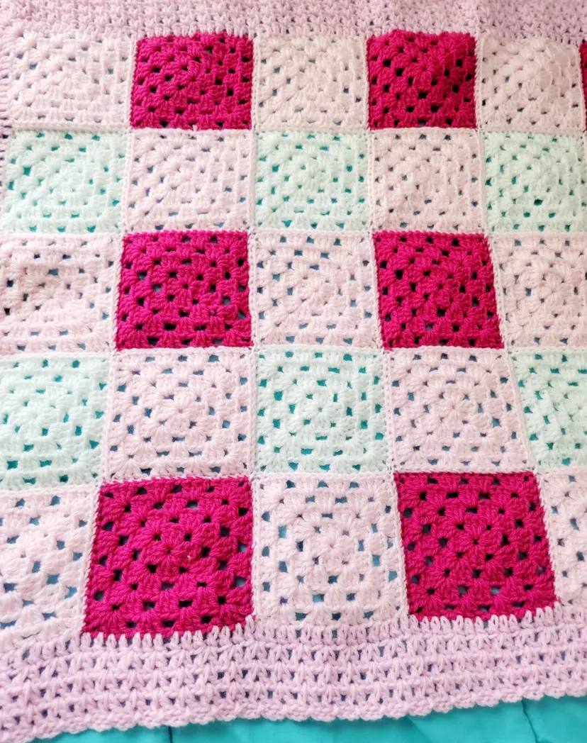 Handmade Knit Afghan Baby Blanket/Light Pink/Hot Pink/White/Room Decor/Home Decor/Blanket/Afghan/Colorful/30”x26”
