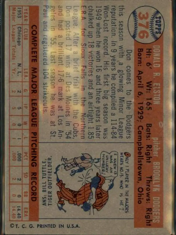 1957 Topps #376 Don Elston - ( pk1 ) - Brooklyn Dodgers