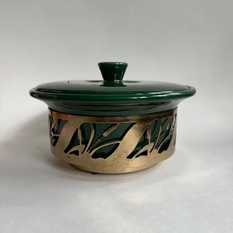 Vintage Bauer  Forest Green Casserole Serving Dish With Holder & Lid