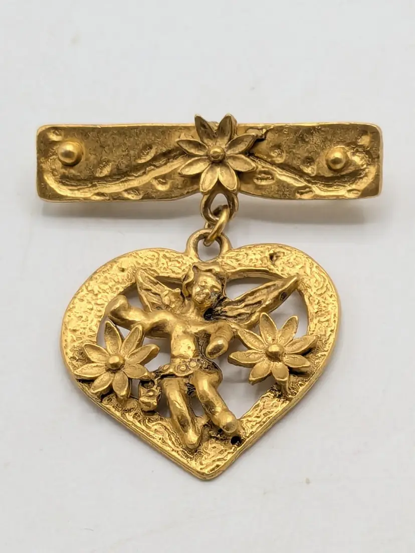 Vintage Heart with Cherub Angel Dangle Brooch Pin Gold Tone Signed EH