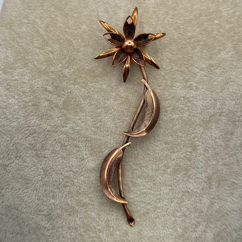 Long 4” Vintage Copper Tone Flower Brooch