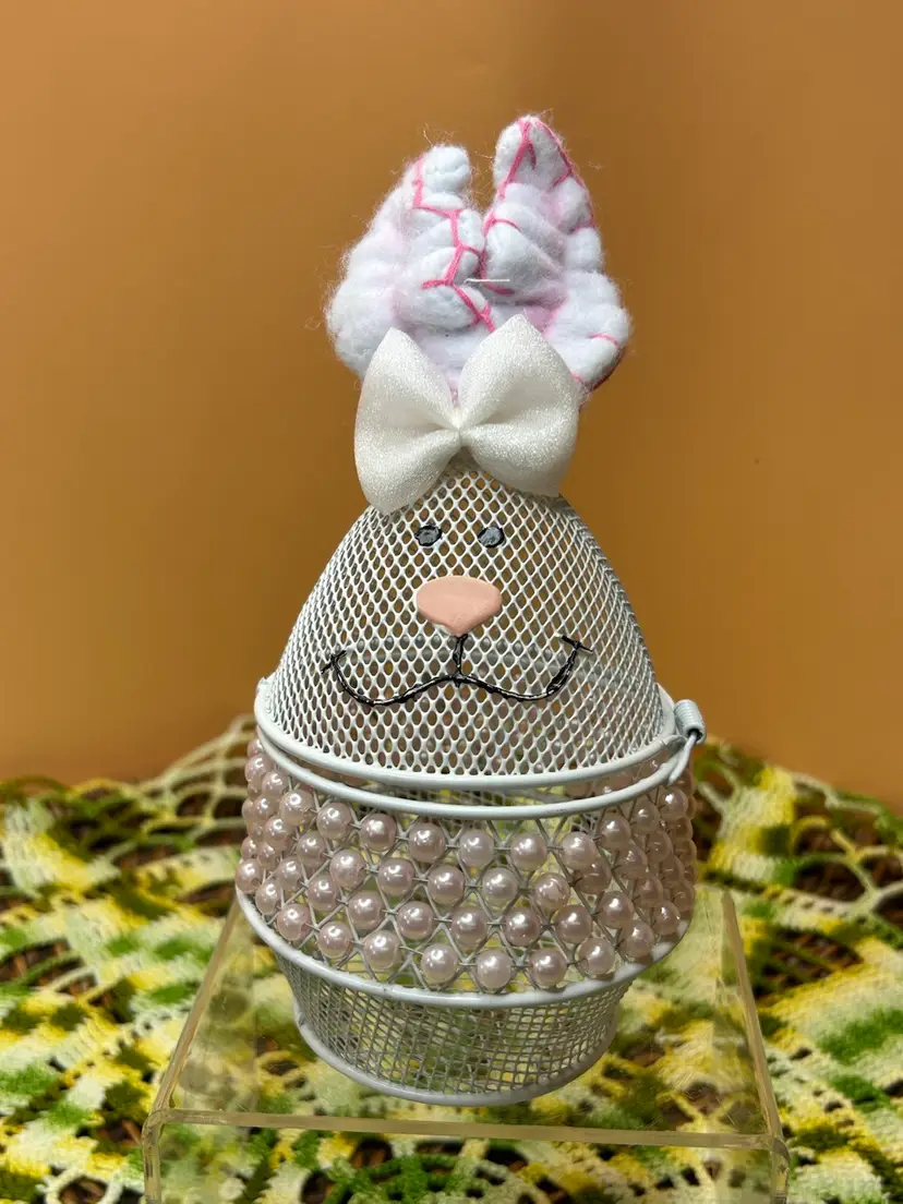 Vintage White Mesh egg, decorated like a rabbit with pearls.
