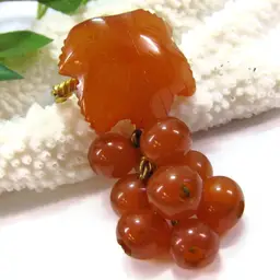 Russian Carved Baltic Amber Grapes & Leaf Pin Vintage Dangle Brooch