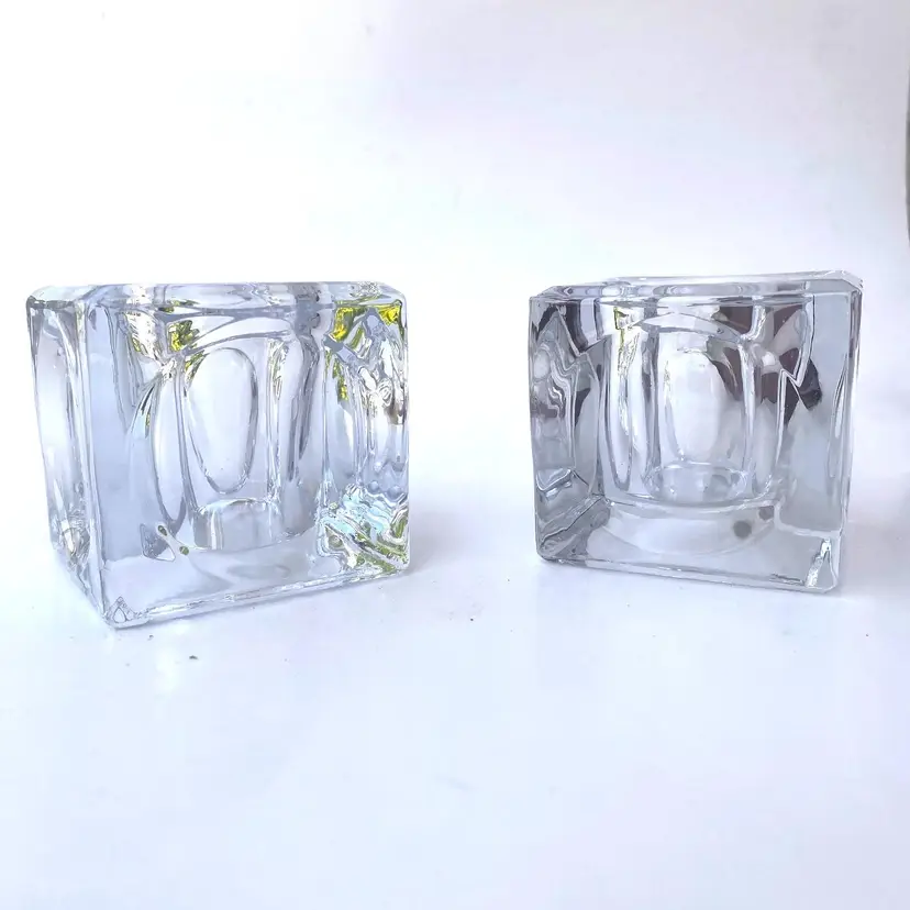Square Ice Cube Crystal Votive Tealight Candleholders Clear Glass Concave Sides