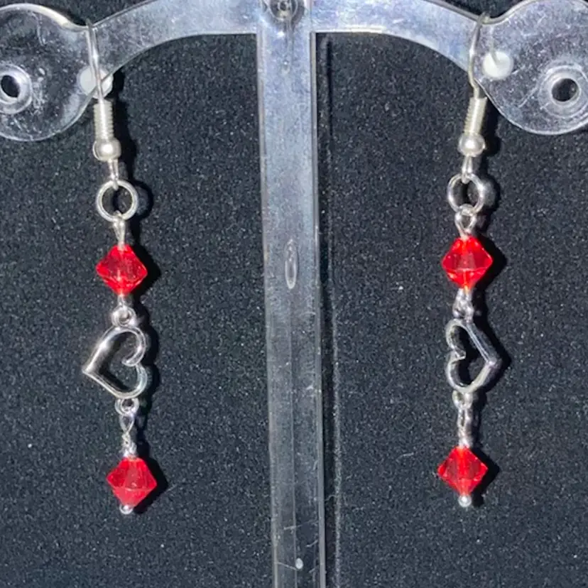 2 1/2” Drop Earrings! Silver Tone Heart And Red Beads! 925 Sterling Silver Fishhooks! Made By Me! Acid Tested!