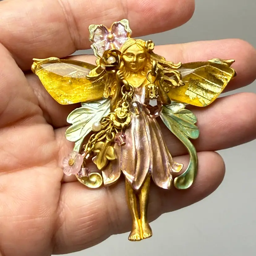 Large Signed Kirks Folly Gold Tone Enamel Primrose Flower Fairy Brooch Pendant