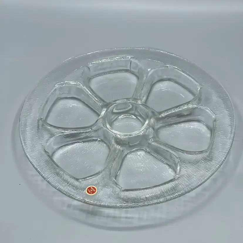 Italian Clear Textured Glass Divided Serving Condiment Relish Dish Round Flower