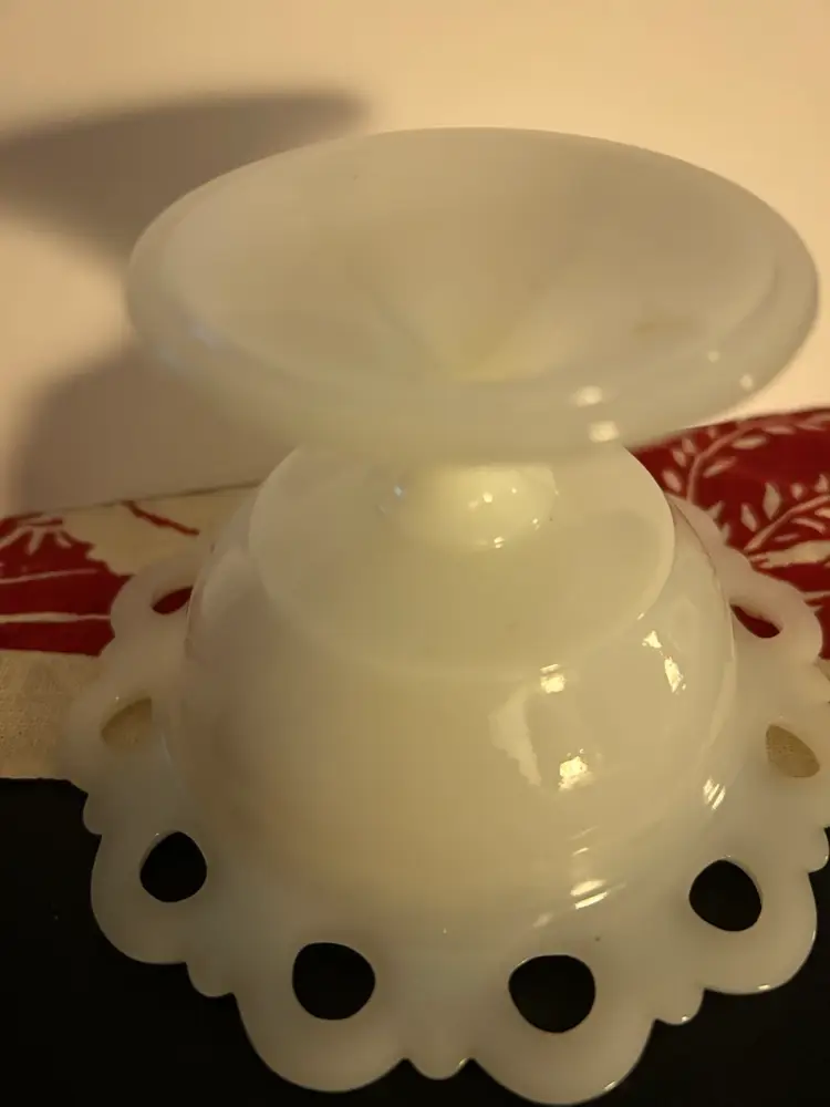 Vintage Open Lace Milk Glass Candy Dish With Pedestal.