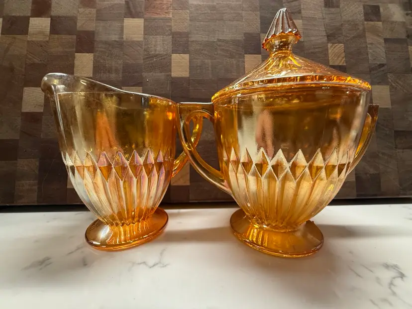 Jeannette Anniversary Marigold Iridescent Carnival Glass Sugar Bowl and Creamer Set with Lid