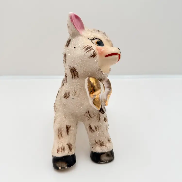 Ceramic Sugar Kitschy Lamb Planter With Gold Tone Bow