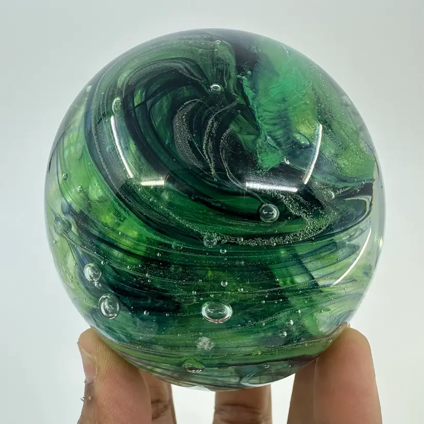Irish Kerry Art Glass Green Swirl Bubble Paperweight Marked