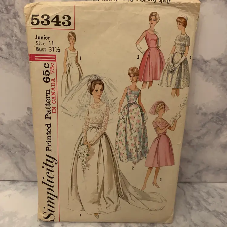 Vintage 1963 Simplicity "5343" Wedding Dress and Formal Pattern Junior Sz 11  2 Lengths