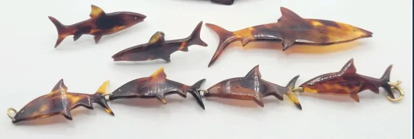 Vintage Faux Acrylic Shell Fish Earrings , Brooch & Bracelet Set - Screw back earrings marked Sterling Silver