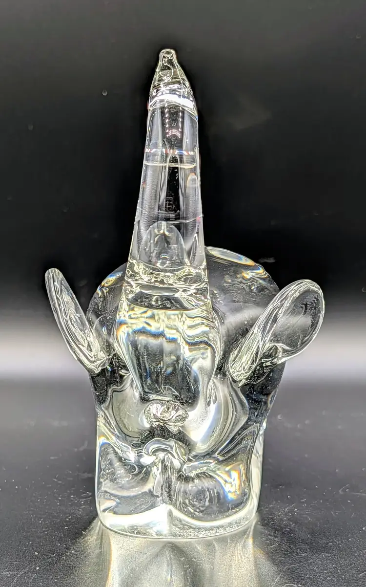 Vintage Clear Art Glass Elephant Figurine Raised Trunk Heavy 5” Polished Base