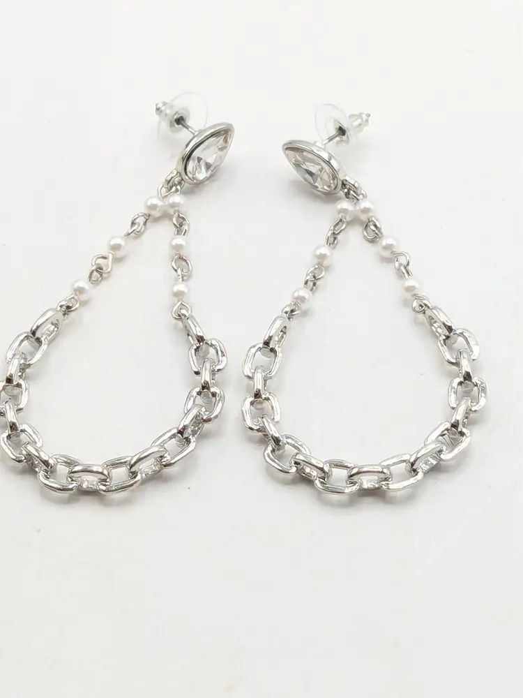 Silver Tone Chain Drop Pierced Earrings Rhinestones Faux Pearls