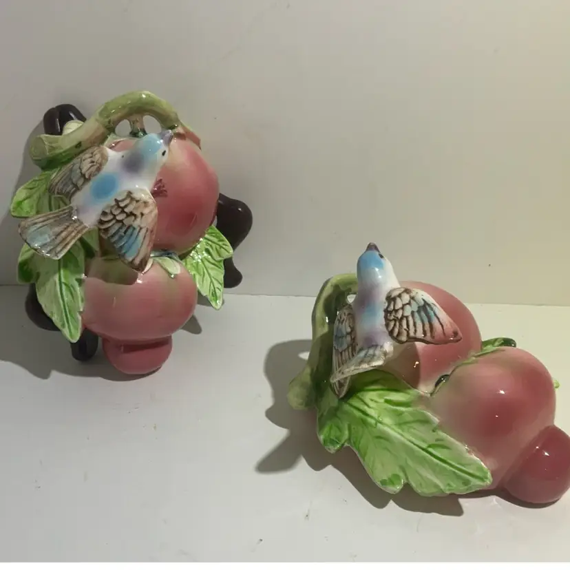 Pair Of Bluebirds On Fruit Porcelain Wall Pockets, Vintage Japan