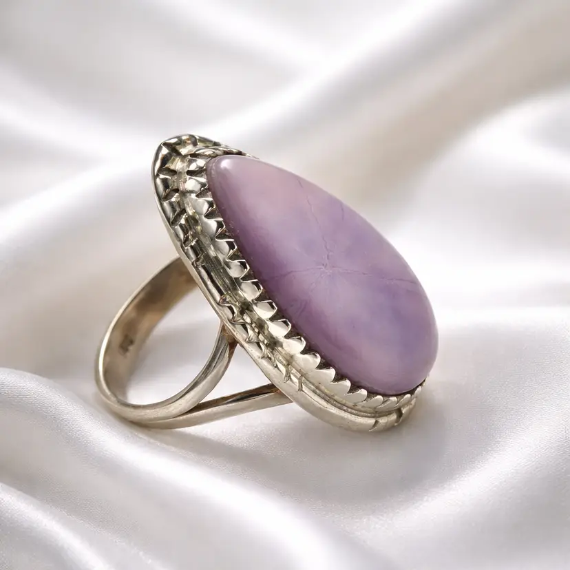 Sterling Silver Ring w/ Large Pear Shaped Chalcedony Stone, Size 6.5