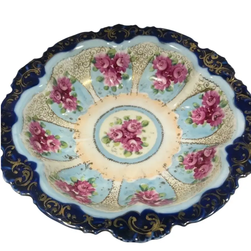 Nippon Moriage-Antique Hand-Painted Bowl – Cobalt & Roses- 10” Diameter, 2” High