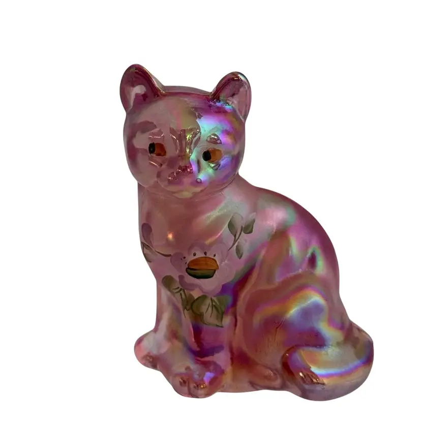 Vintage Fenton Cat Figurine Pink Opalescent Carnival Glass– Hand-Painted Floral Design Signed
3-3/4” T x 3” L x 2-1/4” W