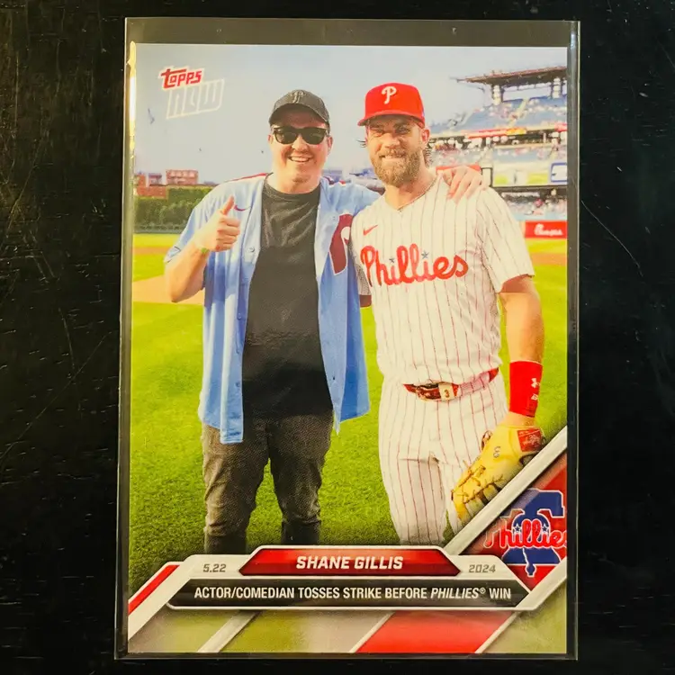 Shane Gillis Topps Now 1st Card - Actor/Comedian Tosses Strike Before Phillies' Win - Baseball Rookie Card