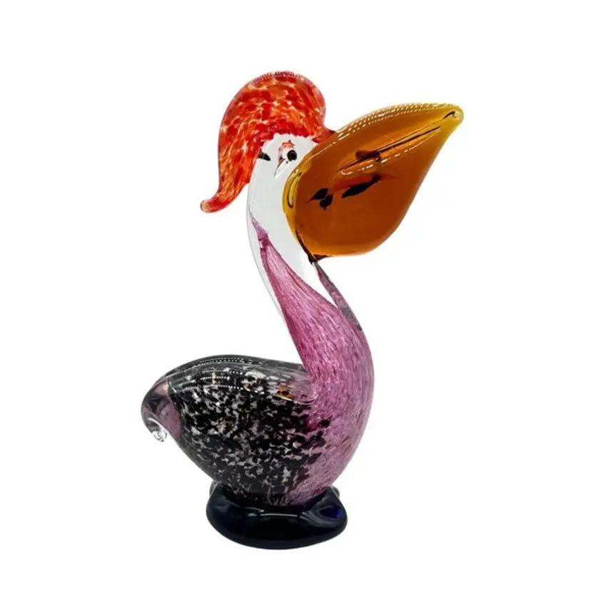 Colorful Handblown Glass Pelican Figurine With Orange Beak & Red Head with fish