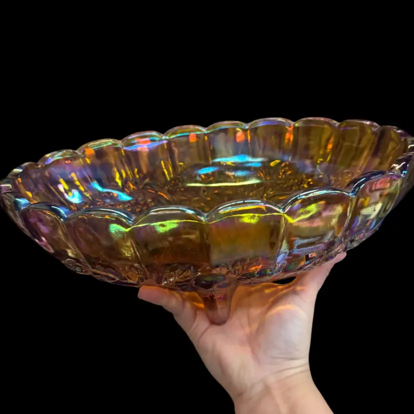 Indiana Glass Iridescent Carnival Vintage, Amber Harvest Grape Footed Fruit Bowl