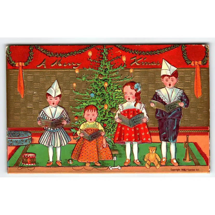 Christmas Postcard Children Singing Toys Xmas Tree 1908 P Sanders NY Embossed