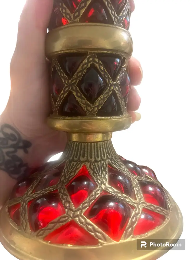 Vintage Ruby Red Caged Glass Metal Pillar Candleholder